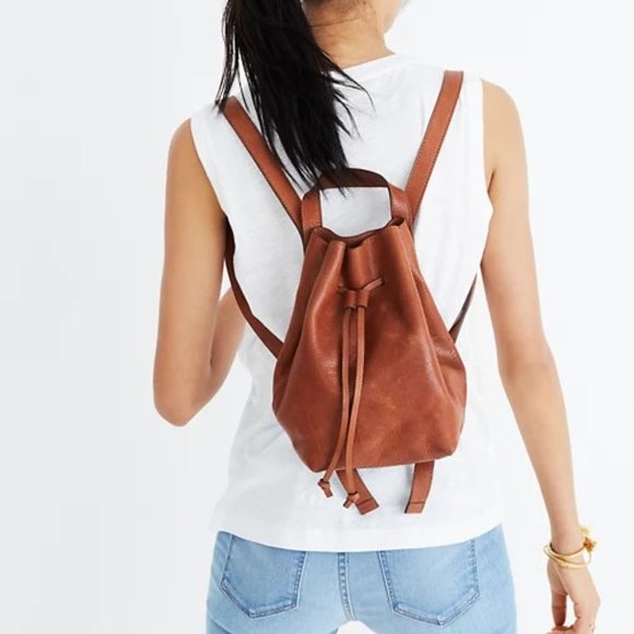 Madewell Leather Mini Somerset Backpack Drawstring Cinched Olive Green Tan - Picture 1 of 9